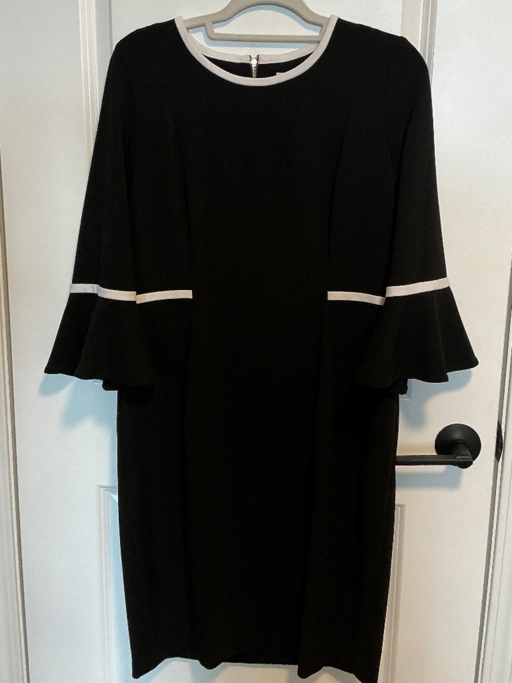 Calvin Klein black dress with bell sleeves, white piping, size 14